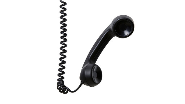 Black coiled cord connected to a vintage telephone handset, isolated on transparent background