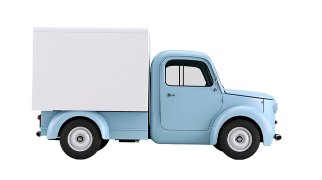 Light blue vintage delivery truck with blank white cargo box, isolated on transparent background