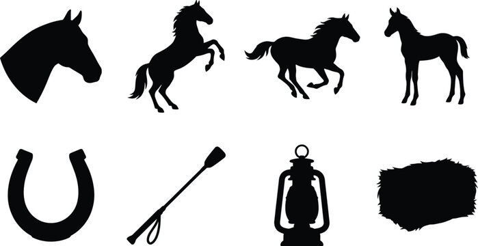 Vector silhouette set of horses in various poses with equestrian equipment and farm elements