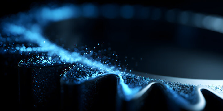 Mechanical gears composed of blue aurora-like shimmering particles
