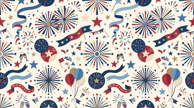 Patriotic 4th of July Seamless Pattern with Fireworks, Balloons, and Stars for Independence Day Celebration Background