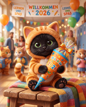 Ein s&uuml;&szlig;e schwarze Katze, in einem orangen Katzenkost&uuml;m, mit einer Zuckert&uuml;ten, in einem Schulflur, zum ersten Schultag 2026
