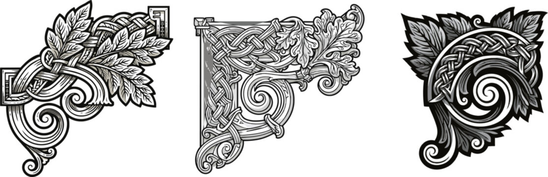 This intricate Norse rune style corner ornament blends braided knotwork, stylized ash tree leaves, and bold masculine scrolls in crisp black and white line art against a solid white background