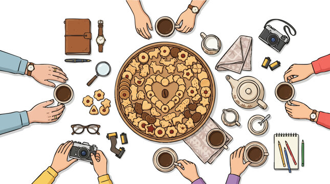 Top Down View Illustration of People Sharing Coffee and Cookies Around a Table with Vintage Cameras, Notebooks, and Creative Tools