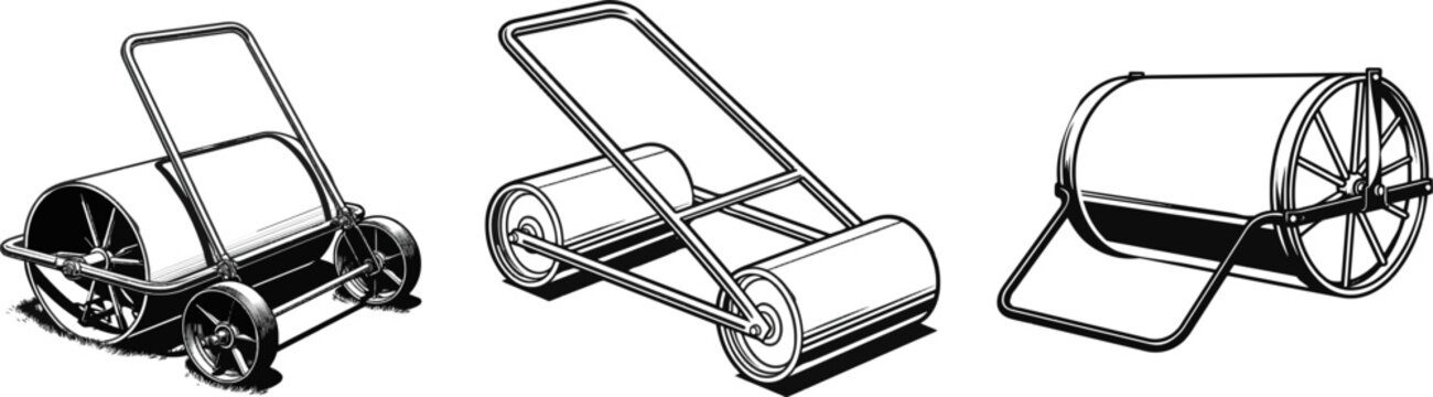 A classic metal garden roller for leveling soil and turf features high contrast black and white line art with bold black outlines, isolated on a pure white background