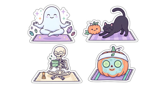 Cute Halloween wellness sticker set featuring a meditating ghost, stretching black cat, skeleton drinking matcha tea, and pumpkin with a face mask. Spooky self care digital illustration.