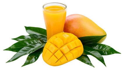 Fresh mango juice in a glass with whole and diced mangoes, isolated on transparent background © Nina