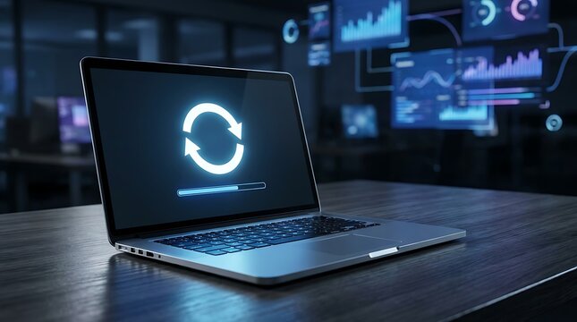 Laptop computer screen displaying glowing circular arrows and loading bar, representing data synchronization and software update process in modern office setting with digital charts background.