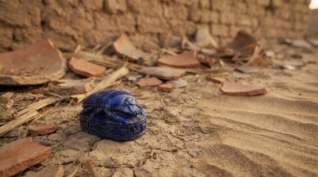 Ancient Egyptian blue scarab amulet in desert sand