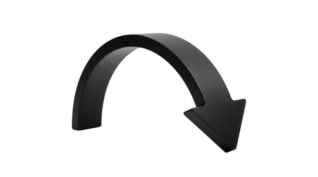 Curved downward arrow object in studio lighting with a smooth finish isolated on transparent background