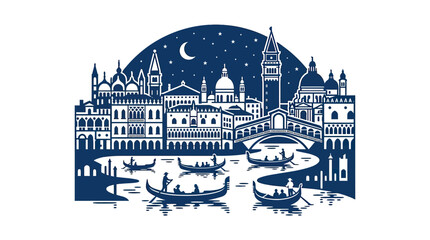Venice Canal Gondola Night Scene Illustration © fufu