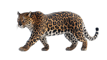 Fototapeta premium Majestic Leopard Walking Isolated on Solid Black Background