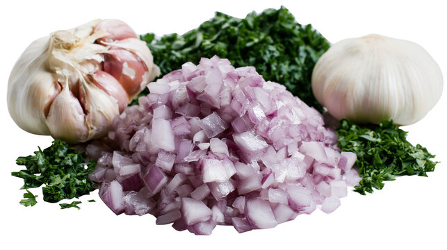 Chopped red onions fresh parsley and whole garlic bulbs, isolated on transparent background