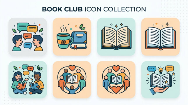 Book club discussion icons with coffee