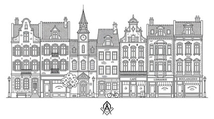Obraz premium European Cityscape Drawing: Historic Buildings Facades, Shops, and Clock Tower