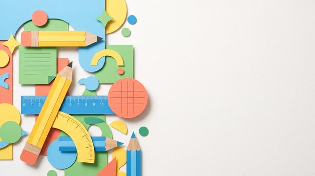 Colorful Paper Cut School Supplies Border Background with Large Copy Space