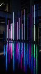 Fototapeta premium Neon light installation with colorful reflections on floor creates vibrant atmosphere