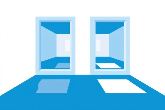 Two mirrors show empty spaces, highlighting the void in social media comparisons and echo chambers with a blue color scheme.