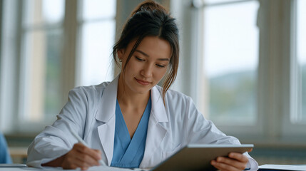 Fototapeta premium Onboarding flow screen mockup on a new employee tablet during a hospital orientation session, a young Kazakh medical administrator taking notes beside the device, symmetrical