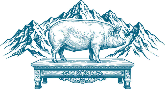 Domestic pig standing on ornate wooden table in front of mountain range