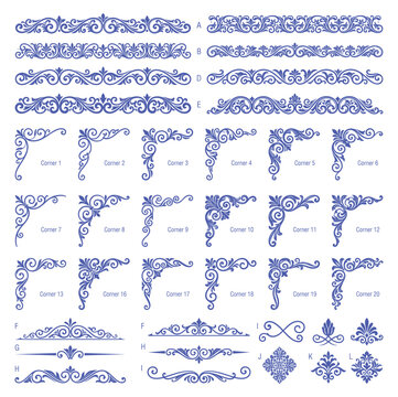 Ornate blue floral borders and decorative corners for classical stationery and wedding invitation design.