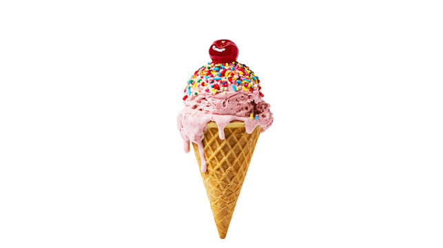 Pink strawberry ice cream cone with colorful sprinkles and cherry, isolated on transparent background