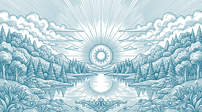 Detailed vintage engraving of a sun rising over a forest lake with pine trees