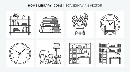Scandinavian home library icons set with bookshelf stacked books plant © Waqas