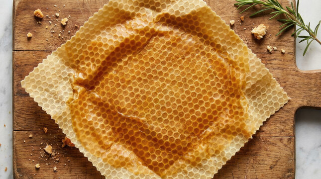 Beeswax cloth wrap on wooden surface with honeycomb texture and natural elements