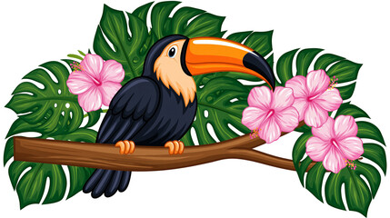 Black toucan bird perched on a branch with pink hibiscus flowers and green monstera leaves, isolated on transparent background © Emilia