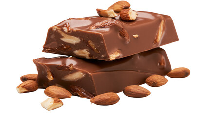 Stacked milk chocolate bars with whole and chopped almonds, isolated on transparent background © Emilia