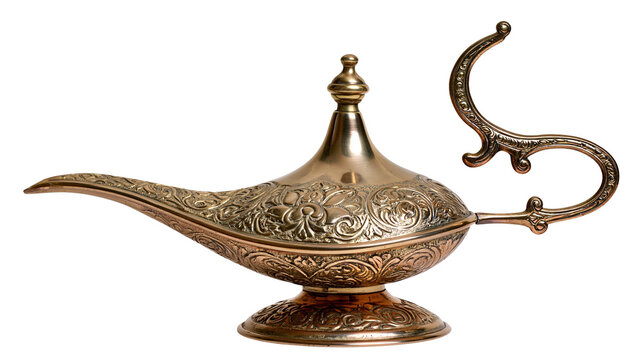 Ornate antique brass genie lamp with intricate floral carvings, isolated on transparent background