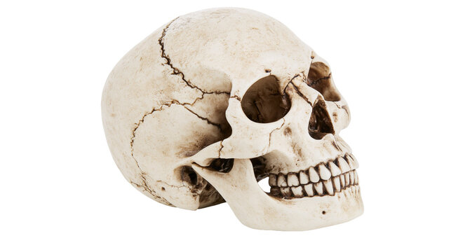 Cracked human skull with detailed teeth, isolated on transparent background