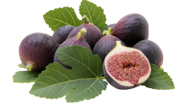 Fresh ripe purple figs with green leaves, isolated on transparent background