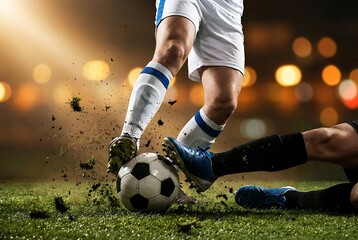 Fototapeta premium Soccer player aggressively tackles ball mid-game on grass field with stadium lights blurred in background and dirt flying up around cleats during competitive match action.