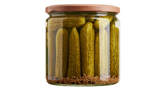 Glass jar filled with dill pickles and mustard seeds, isolated on transparent background