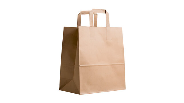 Brown paper shopping bag with handles, isolated on transparent background
