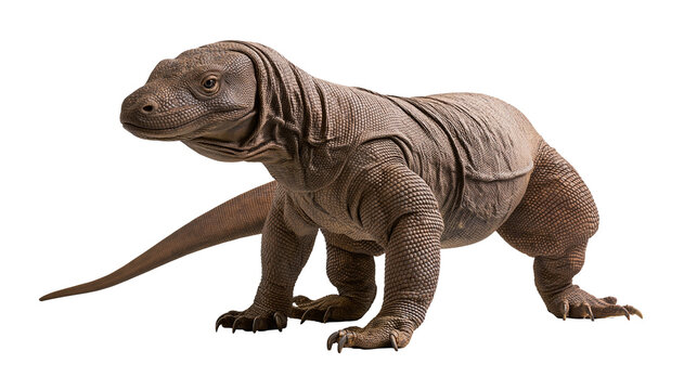 Large brown Komodo dragon reptile with scaly skin, isolated on transparent background