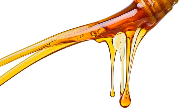 Golden honey dripping from wooden dipper, isolated on transparent background