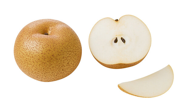 Whole and sliced Asian pear with visible seeds, isolated on transparent background