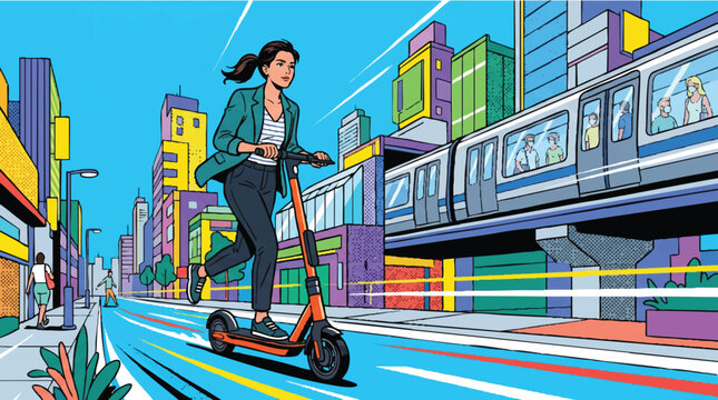 Modern Urban Commute Pop Art Illustration, Woman Riding Electric Scooter in a Colorful City with Metro Train, Sustainable City Transportation and Lifestyle Concept