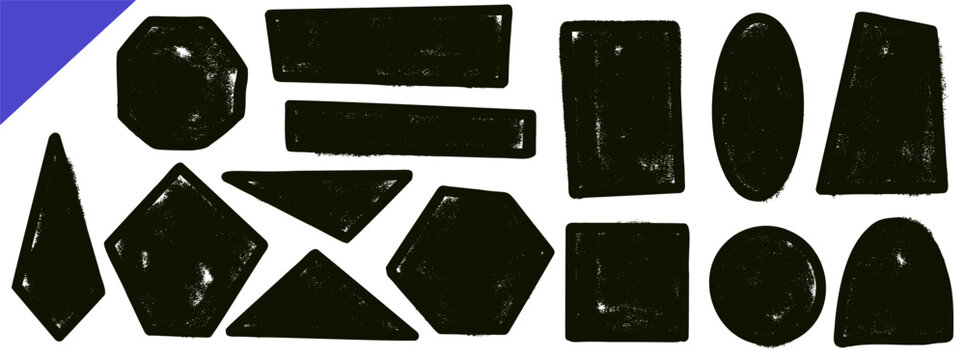Geometric shapes with handmade ink and linocut or crayon texture. Rough geometry shape set with grunge frame and triangle and oval. Black hand drawn vector trapezoid and rectangle elements sticker