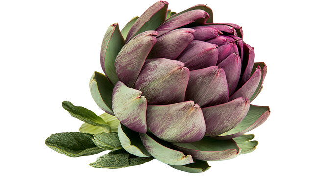 Fresh purple artichoke with green leaves, isolated on transparent background