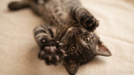 Obraz premium Cute tabby kitten lying on back