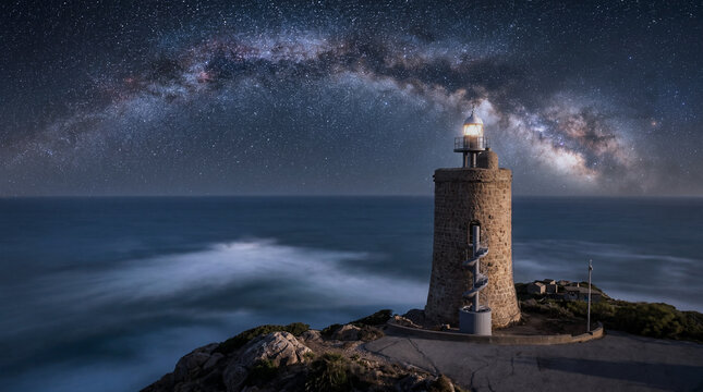 noche en el faro camarinal en la costa de Tarifa, Espa&ntilde;a