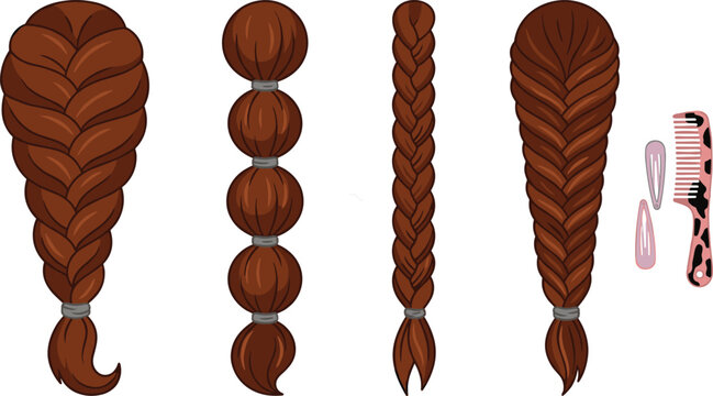 Brown hair braids vector set featuring different female hairstyles including French braid bubble ponytail classic plait fishbone braid comb and hairpins
