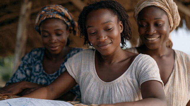 Micro loan recipient business group dynamic, three Ghanaian women entrepreneurs gather around workshop table reviewing shared business plan printout with microfinance field