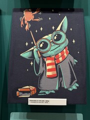 Fototapeta premium Mallorca, spain, june 27, 2026, grogu wizard casting spell on frog, wearing striped scarf and round glasses, fantasy crossover illustration