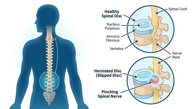 Comparison of healthy spinal disc and herniated disc anatomy illustration