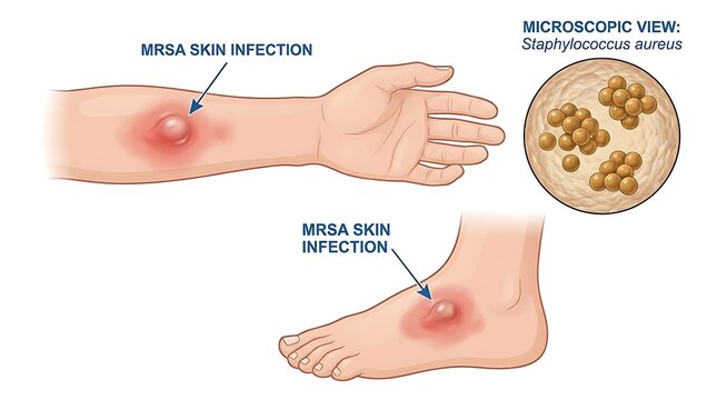 Medical infographic of mrsa skin infection and microscopic staphylococcus aureus